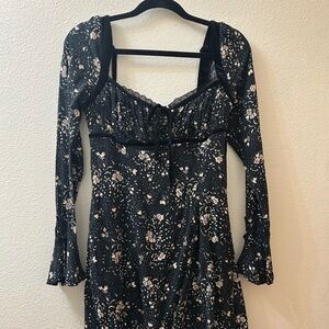 Free People Black Floral Long-Sleeve Lace-Trim Midi Dress